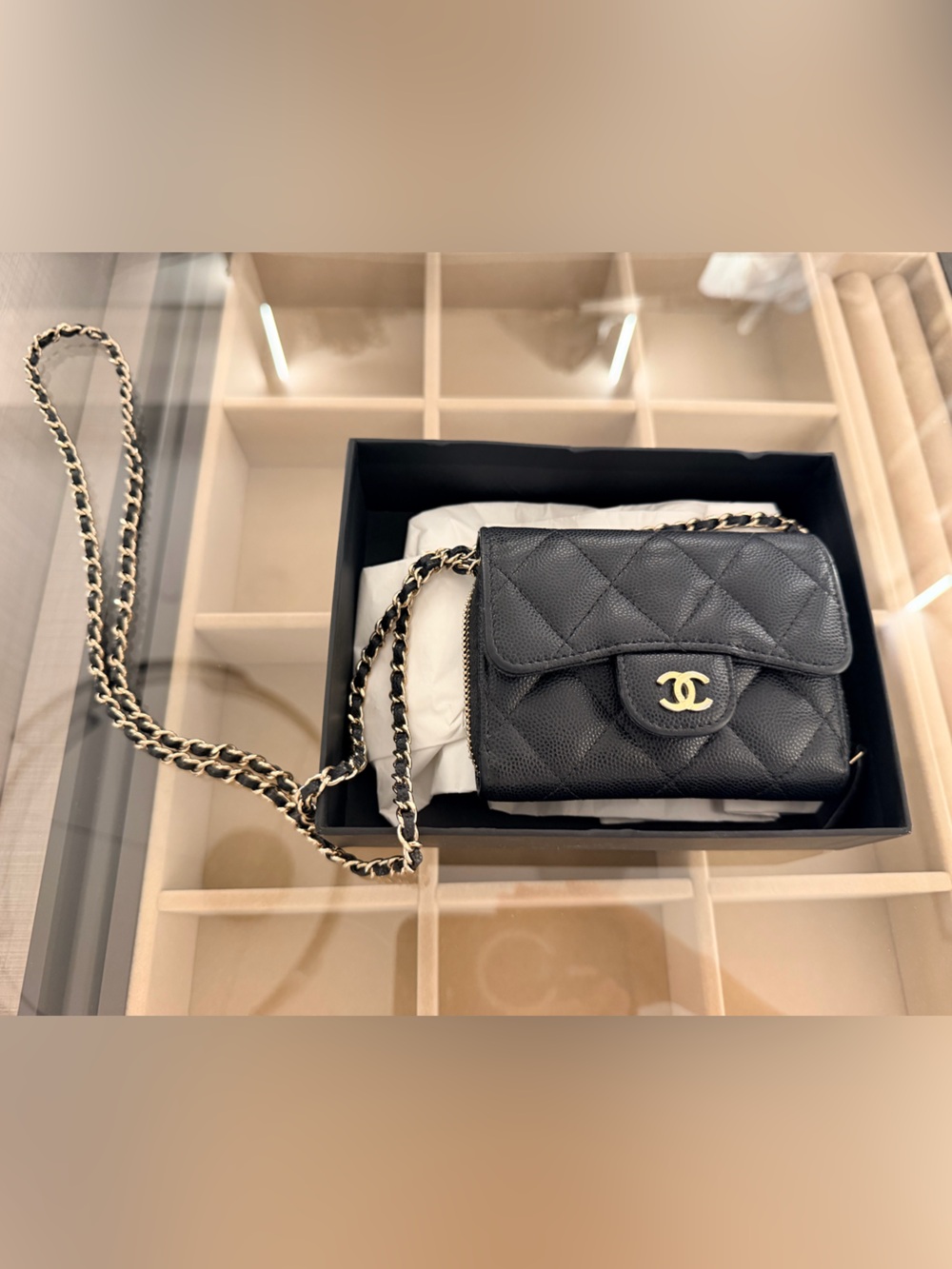 Authentic Chanel Black Quilted Caviar Leather Mini wallet on chain strap. W box
